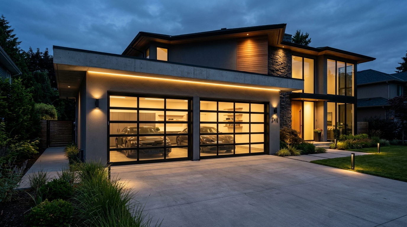 Newly installed modern garage door on house exterior
